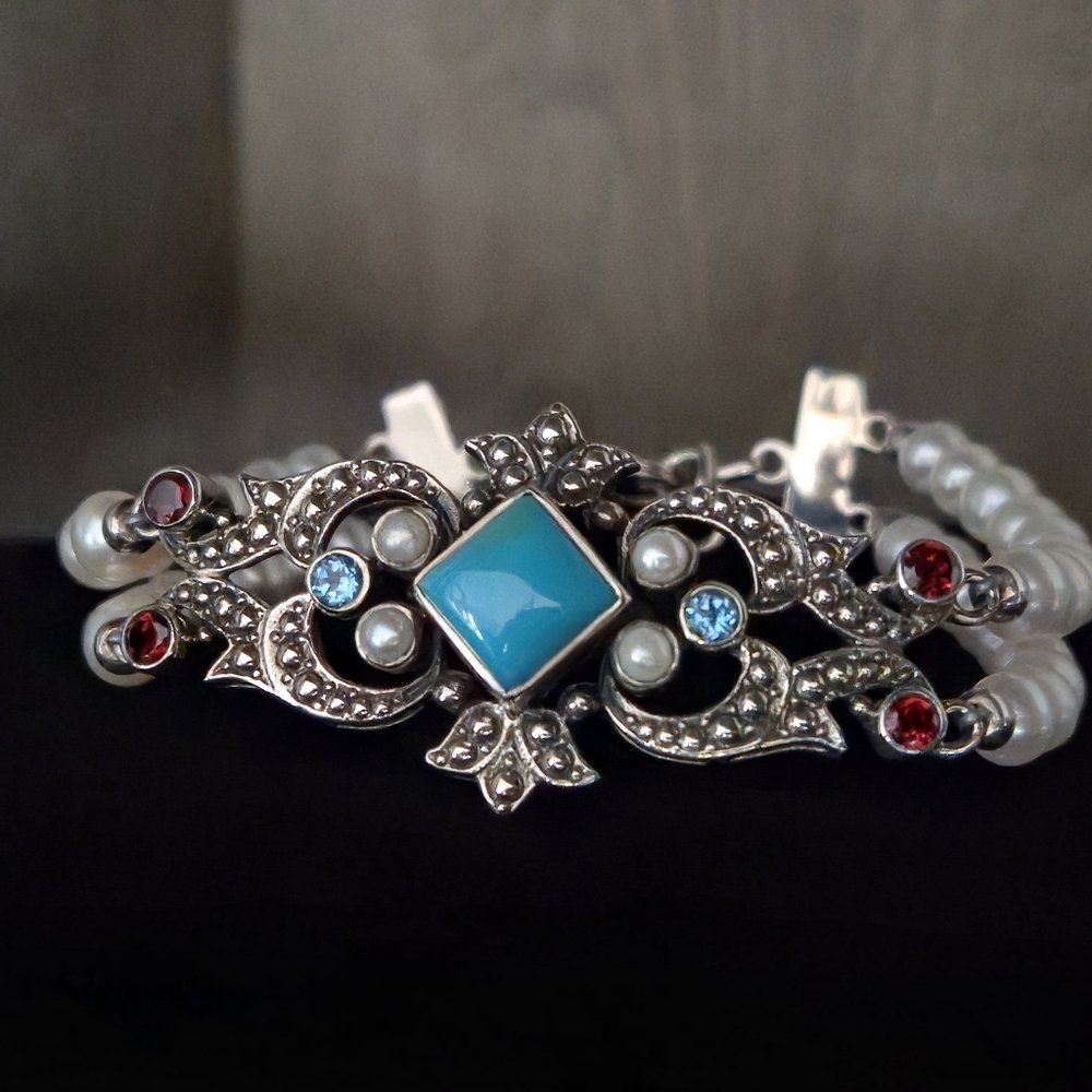 Nicky Butler 925 Sterling Silver Turquoise Pearl Garnet Topaz Designer Bracelet - Picture 12 of 16
